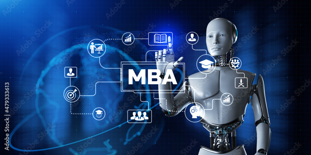 Poster mba master business administration education. robot pressing virtual button 3d render illustration.