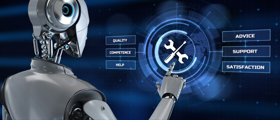 Support customer service automation. Robot pressing button on screen 3d render.