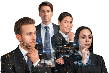 Group of four dreaming business people consultants in suits, hand on chin. Asia corporate lifestyle, multinational diverse young professionals. Night Bangkok city view. Double exposure