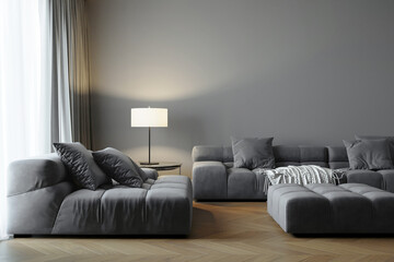 3d interior of a dark masculine grey home living room with grey lounge tufted sofas