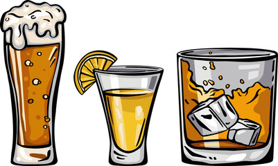 Alcoholic set tequila beer whiskey, freehand drawing vector