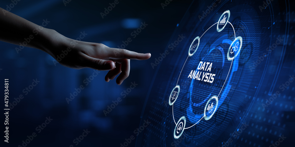 Poster data analysis analytics bi business intelligence concept. hand pressing button on screen.