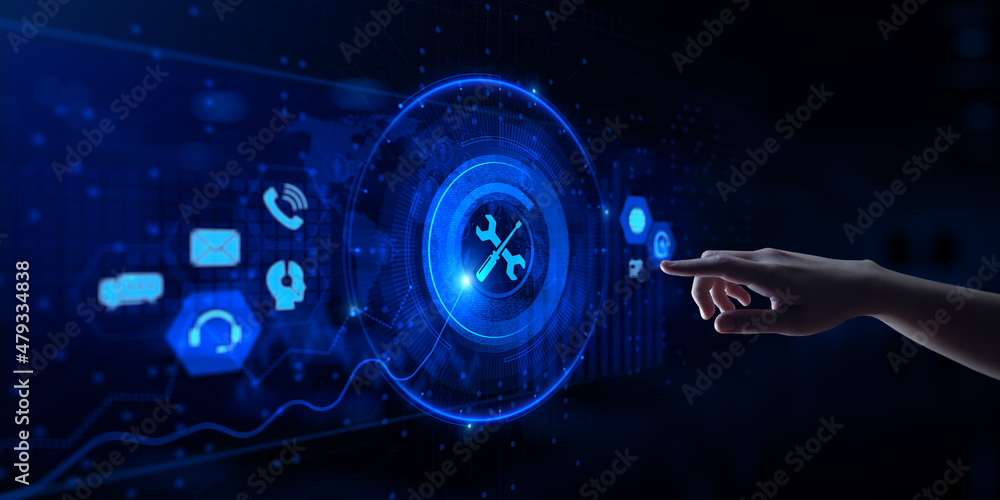Poster technical support customer service guarantee quality assurance. hand pressing button on virtual scre
