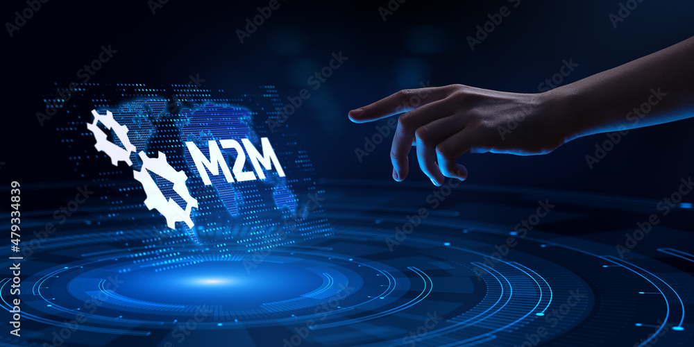 Poster m2m machine-to-machine technology concept. hand pressing button on virtual screen.