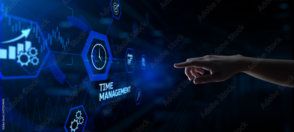 Aufkleber time management scheduling. hand pressing button on screen.
