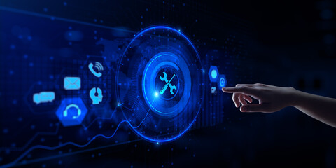 Technical support customer service guarantee quality assurance. Hand pressing button on virtual screen.