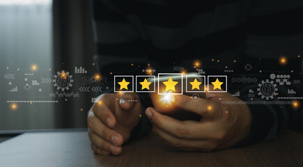 Close up man using mobile phone for rating feedback from customer service with annual survey with...