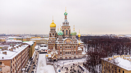 St. Petersburg - Church of the Saviour on Spilled Blood, Russia. Aerial drone shoot in winter.