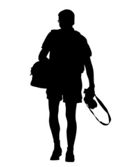 Man and women with a camera on street. Isolated silhouettes of people on white background