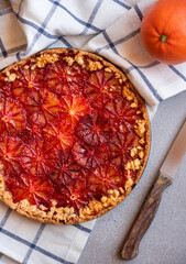 Sweet fruit cake, delicious baked dessert with blood oranges