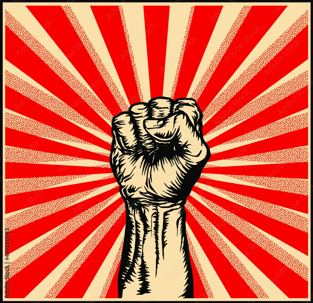 Poster vector illustration of strong raised fist in a ray red background in the style of soviet propaganda 