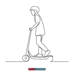 Continuous line drawing of A girl or a boy rides an electric scooter. Template for your design works. Vector illustration.