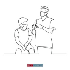 Continuous line drawing of A doctor with a syringe prepares to vaccinate a boy. The scene in the hospital. Template for your design. Vector illustration.