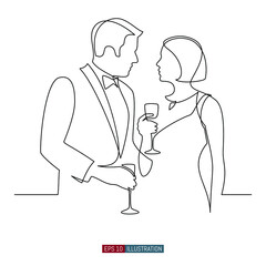 Continuous line drawing of Man and woman standing with glasses of wine. Scene at a wedding, party, or restaurant. Template for your design works. Vector illustration.
