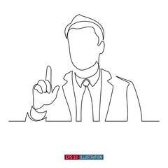 Continuous line drawing of Man pointing up with index finger. Symbol of attracting attention or important information. Template for your design. Vector illustration.