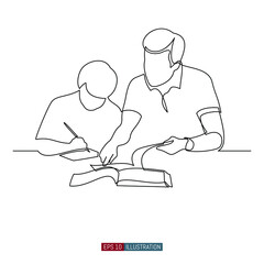 Continuous line drawing of The father helps his son with schoolwork. Template for your design. Vector illustration.