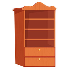 Bookcase wooden furniture, empty bookshelf in cartoon style isolated on white background. Interior object, for home, office.