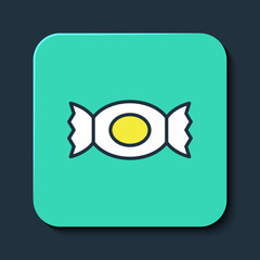 Filled outline Candy icon isolated on blue background. Happy Halloween party. Turquoise square button. Vector