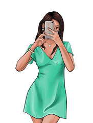 A girl with brown hair and in a green dress takes a selfie through a mirror. A teenage girl with a mobile phone in her hands. Illustration