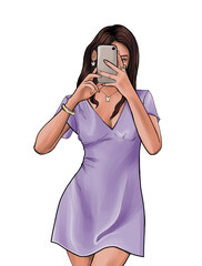 A girl with brown hair and in a purple dress takes a selfie through a mirror. A teenage girl with a mobile phone in her hands. Illustration