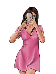 A girl with brown hair and in a pink dress takes a selfie through a mirror. A teenage girl with a mobile phone in her hands. Illustration
