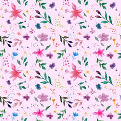 seamless floral pattern. Seamless floral pattern. Pink background with flowers. Watercolor illustration. 