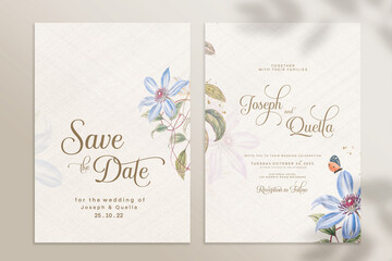 Double Sided Wedding Invitation Template with Blue Flower