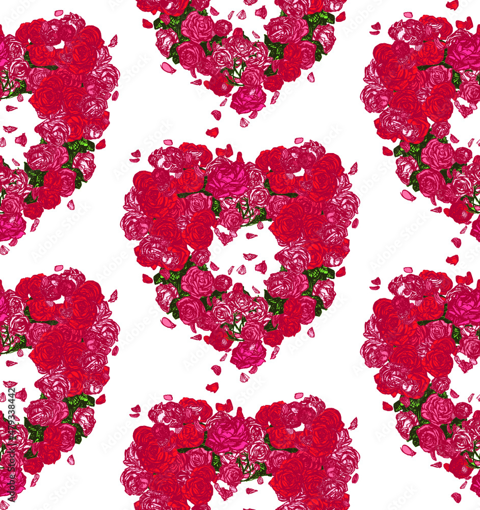 Poster seamless vector pattern with red and pink roses and falling petals in the shape of a heart wreath on