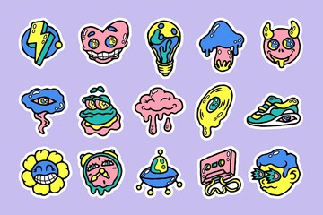 Abstract doodle sticker. Cartoon psychedelic comic characters and objects with funny faces. Vector retro stickers set
