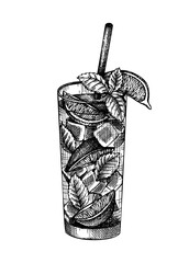 Hand-sketched Mojito cocktail illustration. Vector sketch of alcoholic drink in elegant glass. Traditional Cuban cocktail with  white rum, sugar, lime juice, soda water and mint drawing
