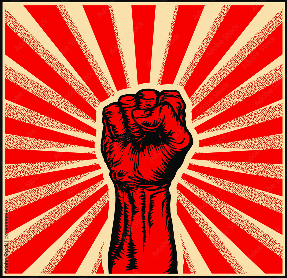 Poster vector illustration of strong raised fist in a ray red background in the style of soviet propaganda 