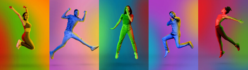 Collage of cheerful young international men and women celebrating success while jumping over color neon backgrounds