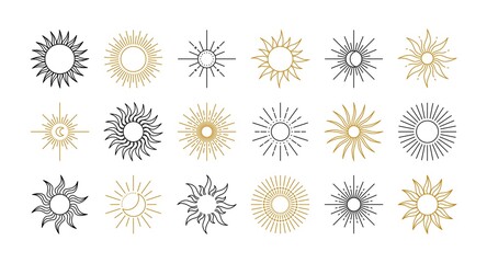 Magic and mystic sun and star ancient line symbols, meditation elements. Vector set