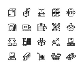 Warehouse line icons. Outline containers and package shipping storing and delivery pictograms. Vector editable line stroke set