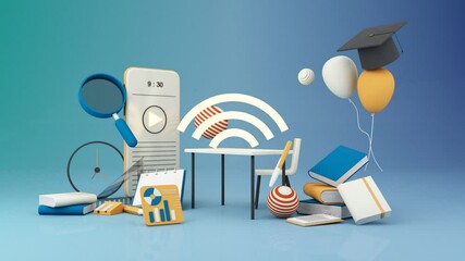 E-learning concept with smart phone wi-fi symbol surrounded by Graduate cap, books, balloon, Ruler, statistical graph, pencil and magnifying glass on blue and yellow color 3d render animation loop