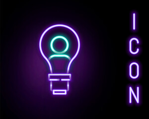 Glowing neon line Human head with lamp bulb icon isolated on black background. Colorful outline concept. Vector