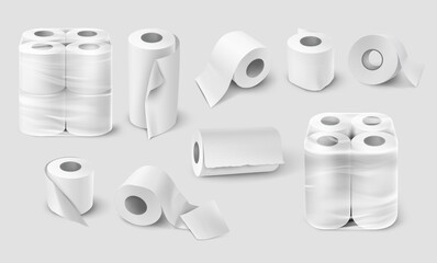 Realistic paper towel. White toilet paper roll and kitchen paper napkin scroll , white isolated hygiene spool sheet. Vector set