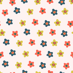 Seamless pattern with small colorful flowers in Ditsy style. Retro 60s, 70s design for gift wrap, textile, home decor