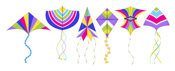 Kites set vector. International Kites Day holiday. Colorful fly toy collection. © passionart