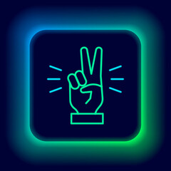 Glowing neon line Hand showing two finger icon isolated on black background. Victory hand sign. Colorful outline concept. Vector
