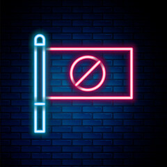 Glowing neon line Protest icon isolated on brick wall background. Meeting, protester, picket, speech, banner, protest placard, petition, leader, leaflet. Colorful outline concept. Vector