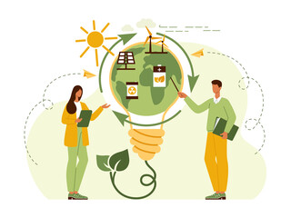 Alternative energy. Concept ecology friendly power and electricity. Solar panel and windmill, atomic reactor, battery, nuclear reactor. Save the environment and planet earth. Flat vector illustration