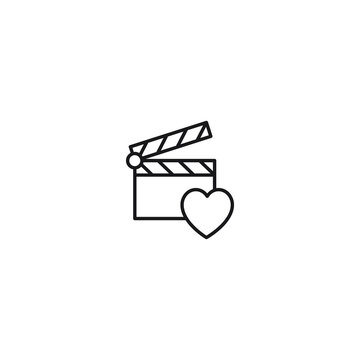 Romance, love and dating concept. Outline sign and editable stroke drawn in modern flat style. Suitable for articles, web sites etc. Vector line icon of heart by clapper board