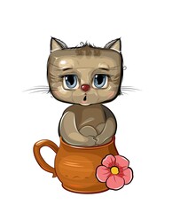 Funny Kitten sits in a brown ceramic coffee mug. Cute comedian animal. Flat cartoon style. Childrens illustration clipart isolated on white background. Vector