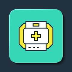 Filled outline First aid kit icon isolated on blue background. Medical box with cross. Medical equipment for emergency. Healthcare concept. Turquoise square button. Vector
