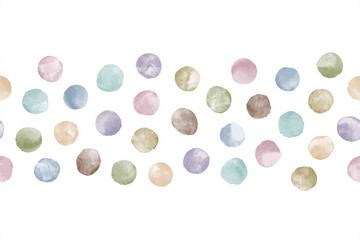 Natural pale colors watercolour round paint spots seamless vector border, uneven dots design element, text background. Watercolor circle shape stains, smears, strokes. Brush drawn decoration, frame.