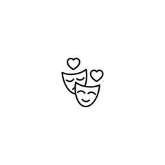 Romance, love and dating concept. Outline sign and editable stroke drawn in modern flat style. Suitable for articles, web sites etc. Vector line icon of hearts over theatrical masks