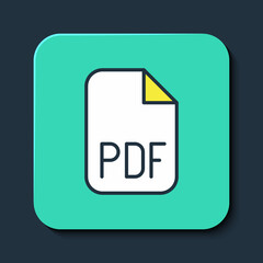 Filled outline PDF file document. Download pdf button icon isolated on blue background. PDF file symbol. Turquoise square button. Vector