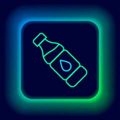 Glowing neon line Bottle of water icon isolated on black background. Soda aqua drink sign. Colorful outline concept. Vector