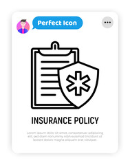 Insurance policy thin line icon: document with sign of health protection. Modern vector illustration.